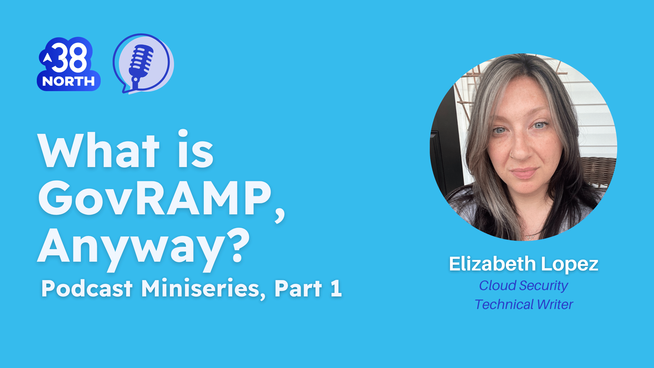 Episode cover image for the 38North podcast miniseries, titled “What is GovRAMP, Anyway?” Part 1. Features guest Elizabeth Lopez, Cloud Security Technical Writer at 38 North Security. Includes branding and podcast logo on a blue background. | compliance