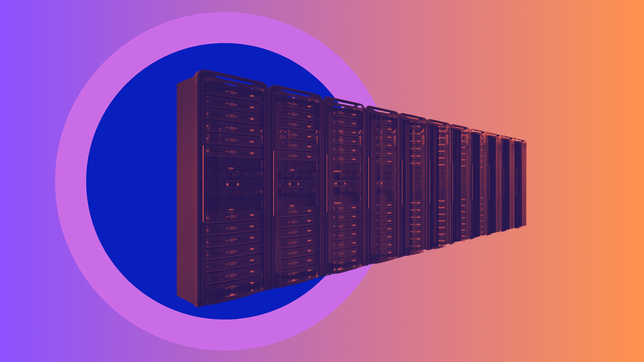 a long row of computer servers on a purple and orange gradient background